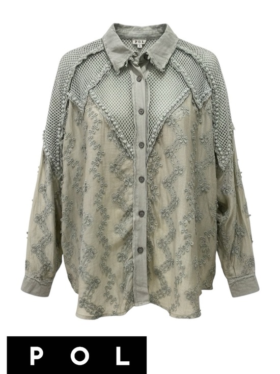 POL Tops - POL Sage Green Crochet & Embroidered Eyelet Pearls Button-Down Shirt